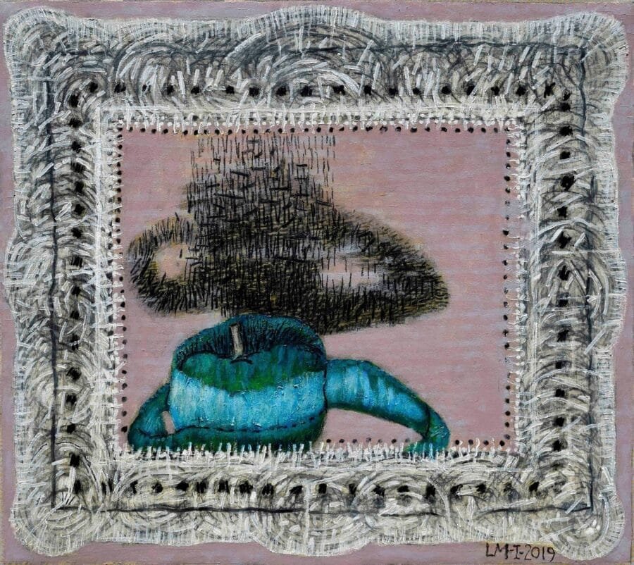 Painting of dark textured hat and teal hat on pink ground within a painted baroque-style frame by Luis Mandiola